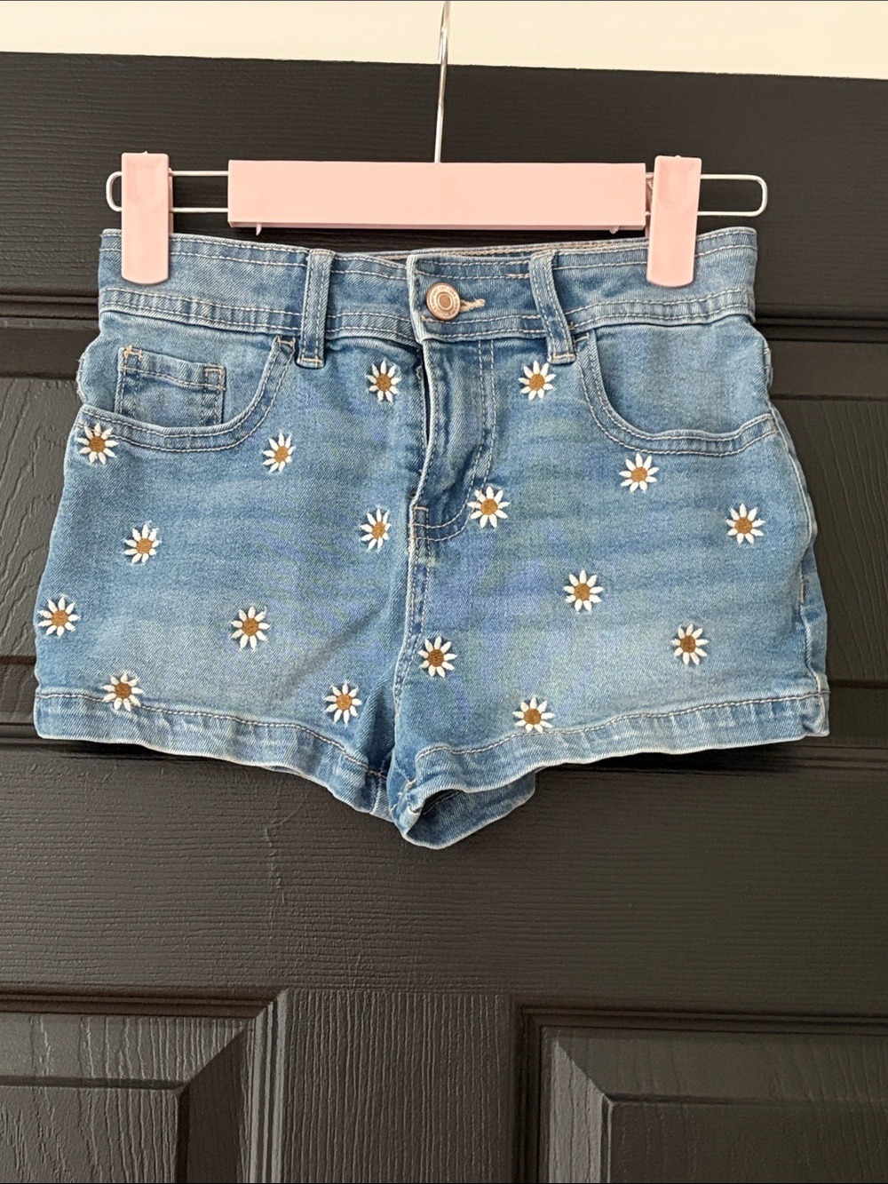 Ardene Blue Denim Shorts with White & Yellow Daisy Embroidery